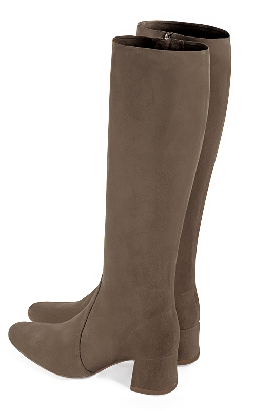 Tan beige women's feminine knee-high boots. Round toe. Low flare heels. Made to measure. Rear view - Florence KOOIJMAN